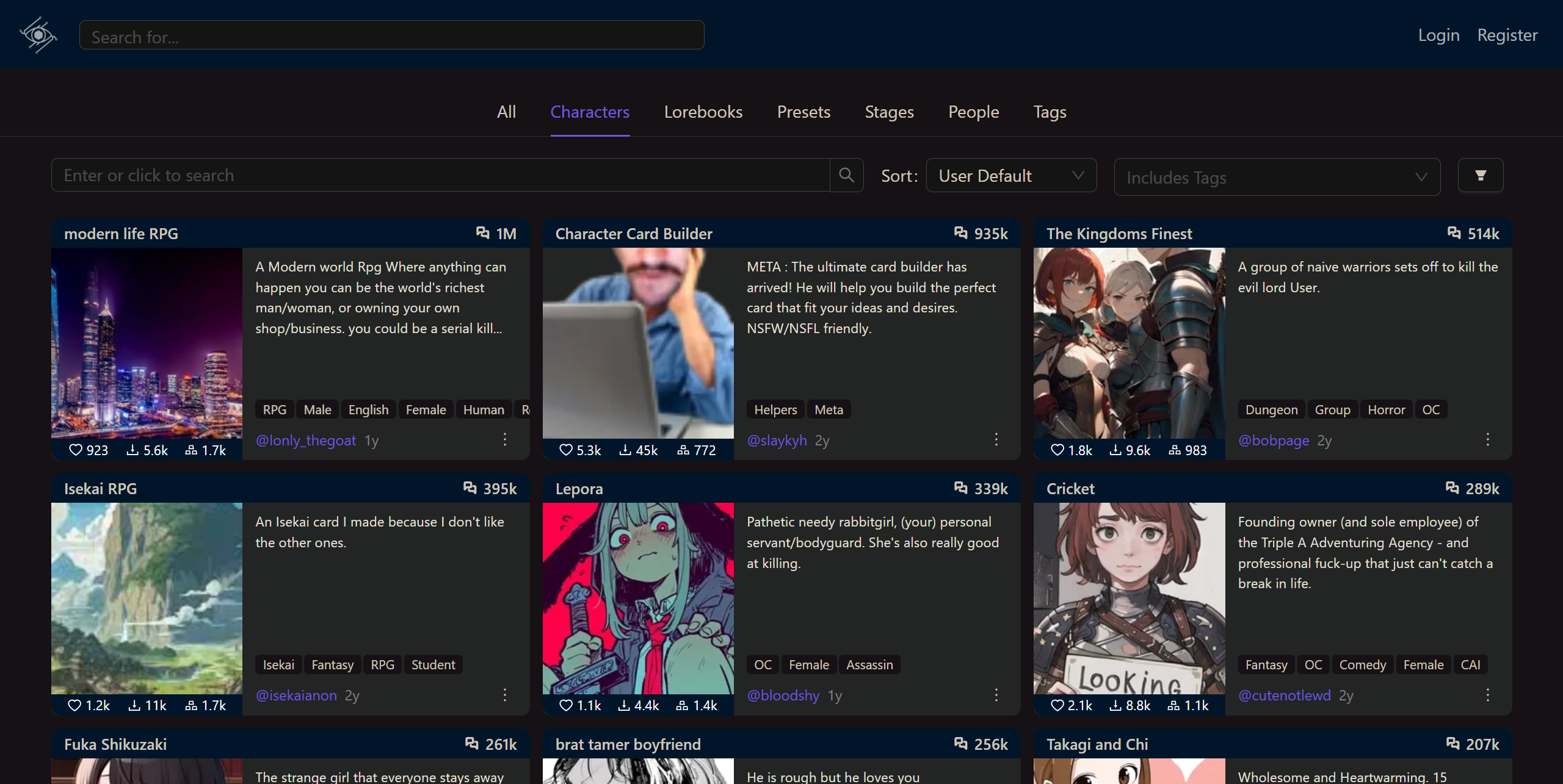 Talkie AI discover page with hundreds of AI characters to explore
